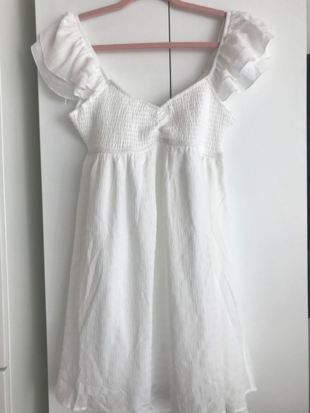 White Smocked Ruffle Sleeve Mini Dress - NWOT